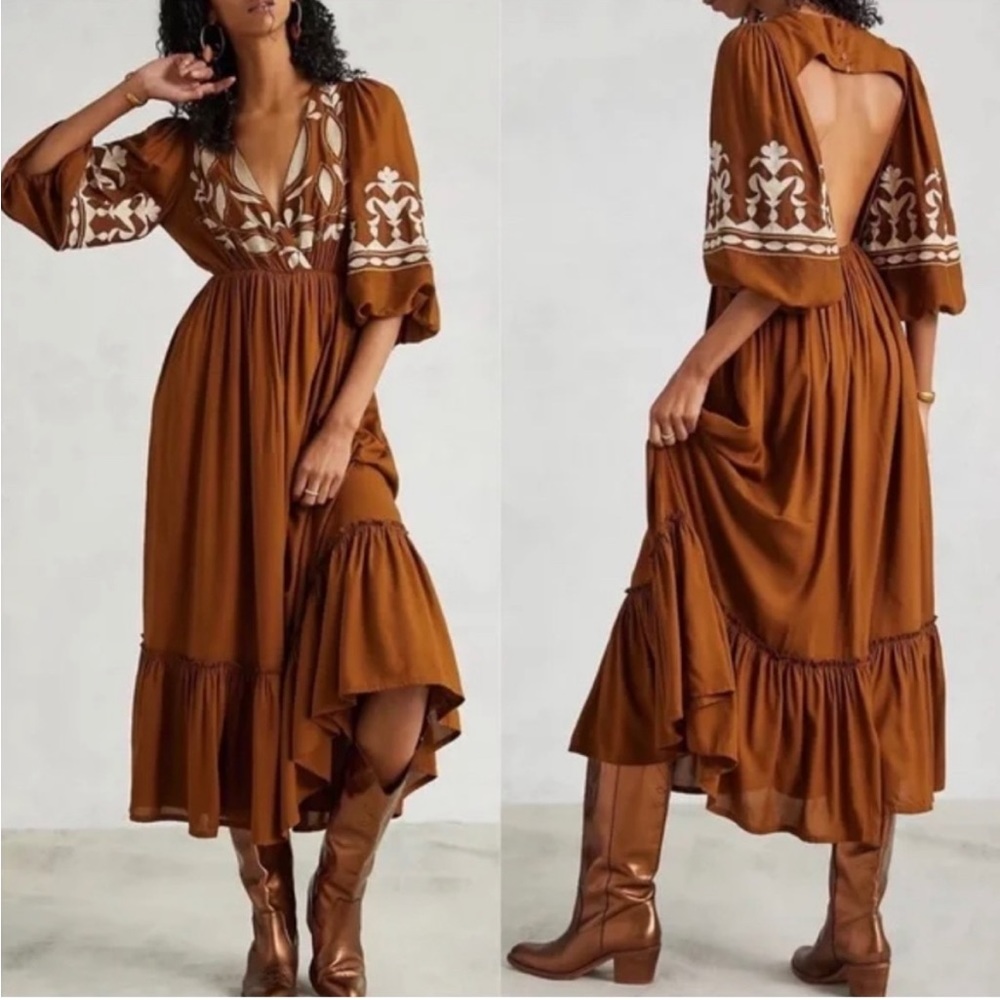 NWT anthropologie let me be embroidered open back maxi dress size medium
